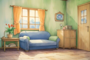 A clean room featuring a sofa, depicted in watercolor.