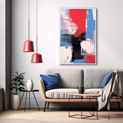 Abstract painting. Red blue Color graphics and collage. Painting in the interior. A modern poster