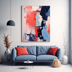 Abstract painting. Red blue Color graphics and collage. Painting in the interior. A modern poster