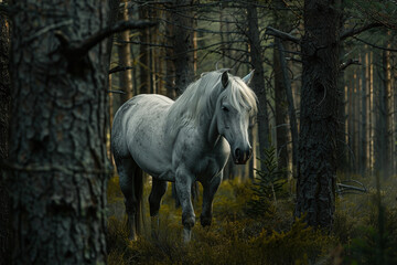 Obraz na płótnie Canvas White stallion in the forest, wild horse in nature