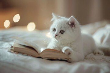 White kitten reading a book