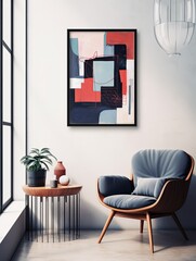 Abstract painting. Navy blue burgundy Color graphics and collage. Painting in the interior.