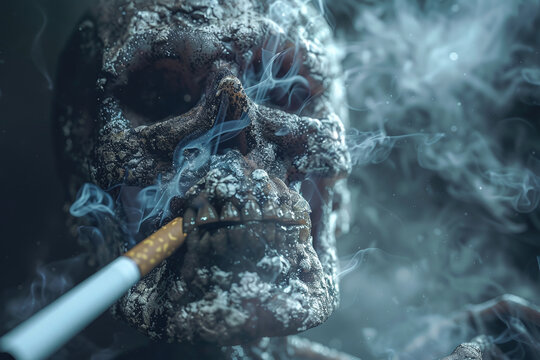 Skull with a cigarette in its teeth, the concept that smoking kills