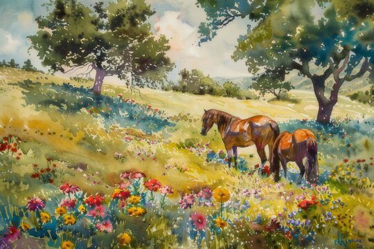 A peaceful meadow featuring horses surrounded by blooming wildflowers and majestic trees, depicted in watercolor.
