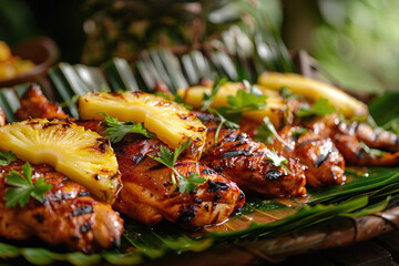 Hawaiian chicken with pineapple pieces and served on palm leaves