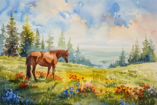 A peaceful meadow featuring horses surrounded by blooming wildflowers and majestic trees, depicted in watercolor.