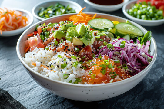 Hawaiian poke with rice, fish and vegetables in a bowl and with sesame seeds