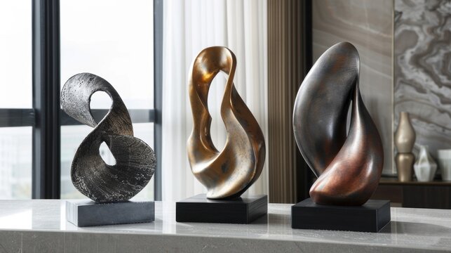 Collection of abstract sculptures adding modern touch to home decor or public spaces.