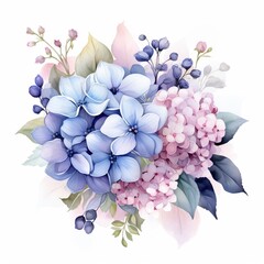 Fototapeta premium Watercolor hydrangea clipart with clusters of blue, purple, and pink flowers