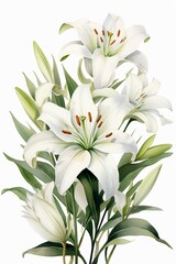 Fototapeta na wymiar Watercolor lily clipart with elegant white petals and green stems
