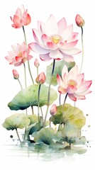 Watercolor lotus clipart with serene pink blooms and green lily pads