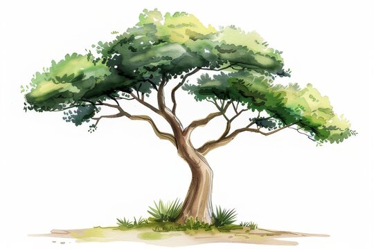 A watercolor collage depicting safari trees against a solid white background.