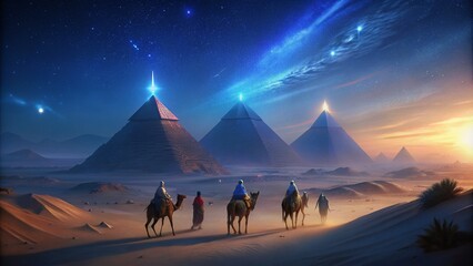 Bedouins walk to Egypt pyramids on camel at night desert.