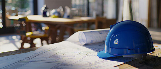 Hard hat and blueprints on a table in a construction site.