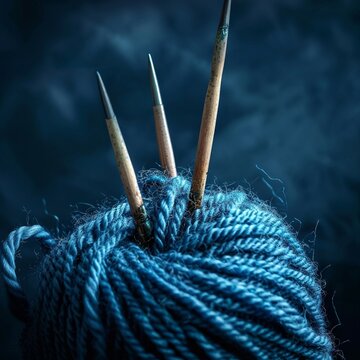 Photograph of blue yarn being knitted with wood needles against a navy background, with high resolution and high detail, in the style of dark color backgrounds, a beautiful photo, real photography