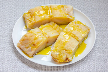 Atlantic cod fish Gadus morhua isolated on light background and selective focus