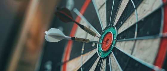 Dartboard score success with three darts in center target on a blurred background. - obrazy, fototapety, plakaty