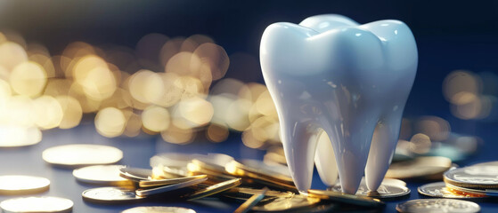 A pristine tooth figurine amidst golden coins, symbolizing dental costs.