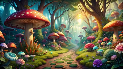 Obraz na płótnie Canvas Fantastic wonderland forest landscape with mushrooms and flowers