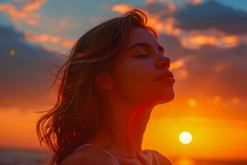 Serene Young Woman Enjoying Sunset by the Sea, Feeling Peaceful and Relaxed in Golden Hour Light, Portrait with Copy Space