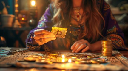 The fortune-telling witch plays Gypsy cards shining Bitcoin coin cards - obrazy, fototapety, plakaty