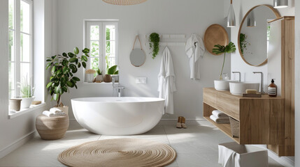 A Scandinavian-inspired bathroom with light wood accents, clean lines, and minimalist decor for a serene and clutter-free