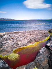 Bright red coloured rockpool due to bloom of algae