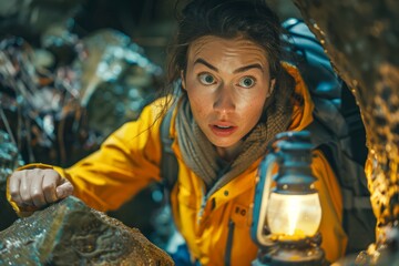 Young Female Adventurer Exploring Cave with Lantern at Night, Expressive Face in Yellow Jacket