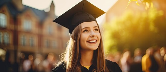 A happy woman wearing a graduation cap and gown smiles brightly as she looks at the camera