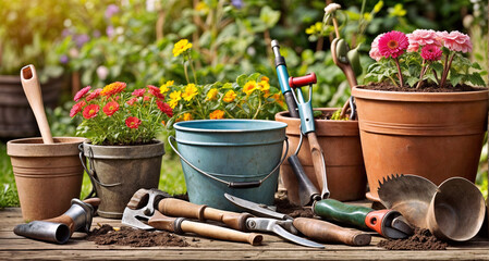 Gardening - Set Of Tools For Gardener And Flowerpots In Sunny Garden