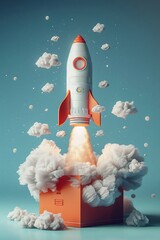 Rocket missle rising up outside the box  Powerful startup idea concept  This is a 3d render illustration ultra clear details - obrazy, fototapety, plakaty