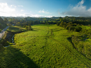 Aerial view of rural landscape farms with green patchwork pasture, Chiriqui, panama - stock photo