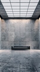 A photo of large square grey tiles on the floor and wall in an open space, with a minimalist designed sofa in front The style is modern minimalism 