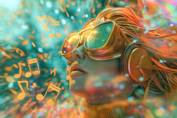 Audiophile Dreams: Golden-Haired Figure Immersed in Vibrant Music Bliss - obrazy, fototapety, plakaty