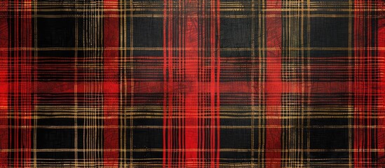 A fabric pattern featuring red and black plaid design with a prominent gold stripe