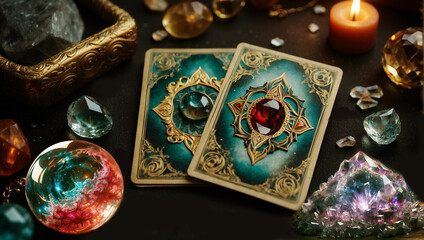 fantasy esoteric tarot cards with crystal ball and amethyst gem stone like esoteric and fortune teller concept