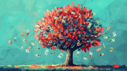 Money Tree with Falling Dollar Bills in Autumn