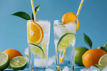 Two glasses with mojito cocktails with ice cubes, orange, lime slices and mint leaves on blue background. Refreshing summer drinks.