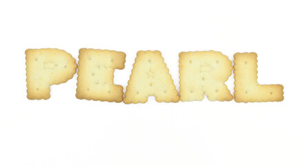 Capital letter shaped biscuits forming word PEARL isolated on white background
