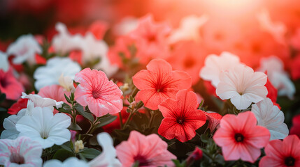 Flowerbed with blooming red white petunias in the park. Floral banner. - obrazy, fototapety, plakaty