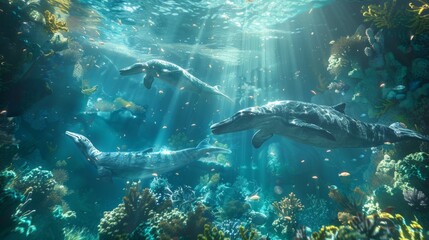 Fototapeta premium Prehistoric Marine Dinosaurs Swimming in a Luminous Underwater World