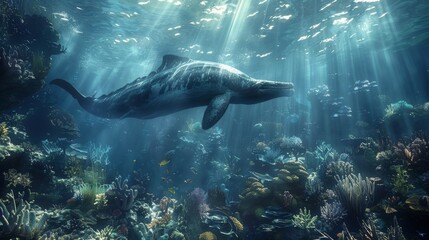 Ancient Aquatic Dinosaurs in a Coral Reef Under Radiant Sunlight

