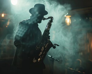 Jazz club ambiance saxophonist under a single spotlight - obrazy, fototapety, plakaty