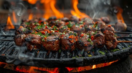 Sizzling kebab on an open flame smoke and spices