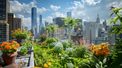 Foto op Plexiglas Urban Rooftop Garden: A Serene Oasis Amidst City Skyscrapers © Nijam