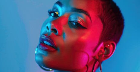 Beautiful woman with short hair and big hoop earrings, closeup of her face in neon light, high fashion makeup with shiny lipstick against a bright blue background