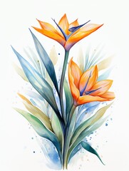 Watercolor bird of paradise clipart featuring exotic orange and blue flowers