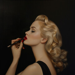  a beautiful blonde woman in her mid thirties with red lips, in a luxurious stylish room, putting on makeup