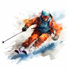 Cartoon ski instructor on slopes watercolor clipart