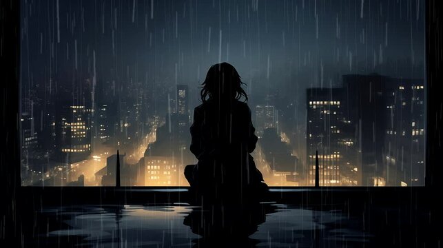 Silhouette girl observing rain in the city. Fantasy landscape anime or cartoon style, looping 4k video animation background